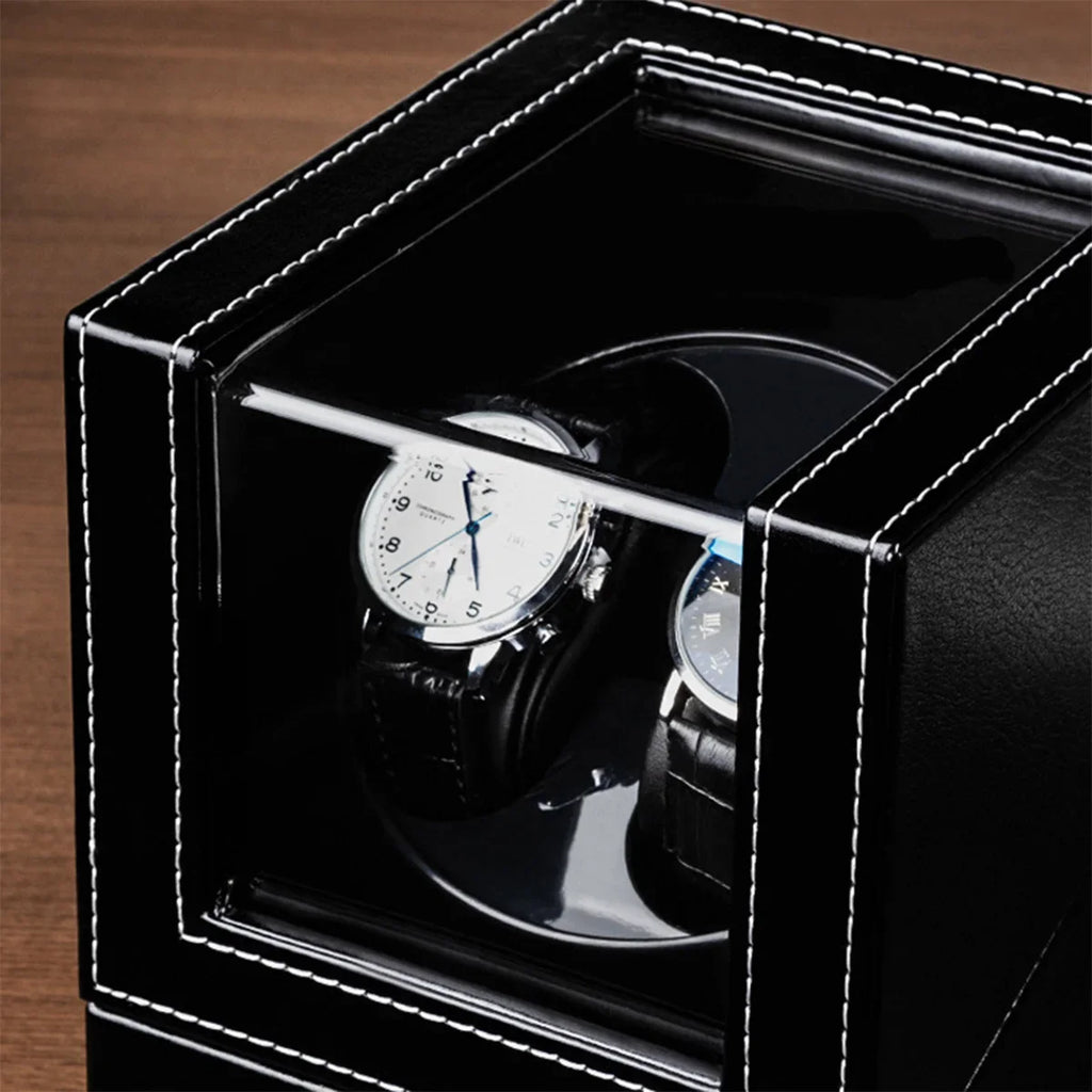 Double Watch Winder for Automatic Watches Automatic Watch Winder Leather Box 2 Slots Watch Winder for Men with Quiet Motor Qme