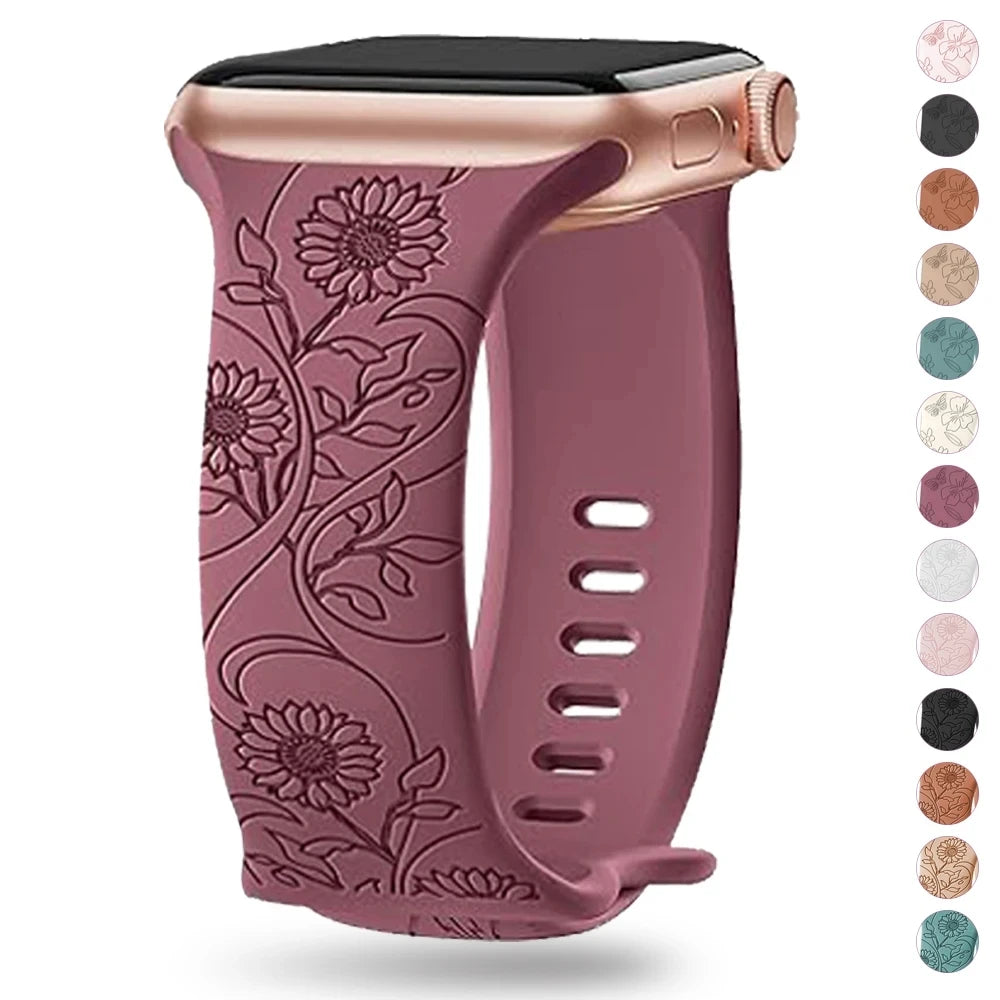 Floral Engraved Strap For Apple Watch Band 40mm 44mm 41mm 49mm 45mm 38mm 42mm silicone bracelet iwatch series 9 7 se 6 8 ultra 2 Qme