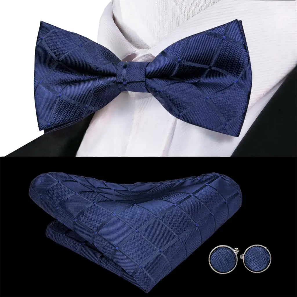 Navy Royal Sky Blue Silk Mens Bow Tie Hankerchief Cufflinks Pre-tied Qme LDLH0780