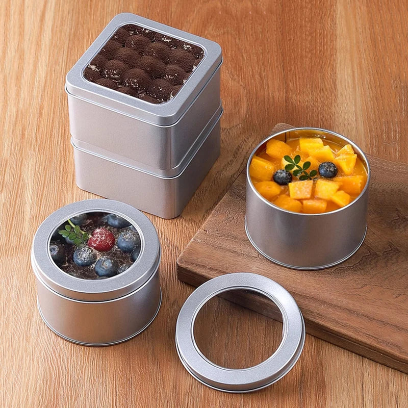 Round Square Tinplate Box Clear Window Iron Storage Box Tea Food Jar Candy Cake Boxes Jewelry Cream Cosmetic Container Empty Pot Qme