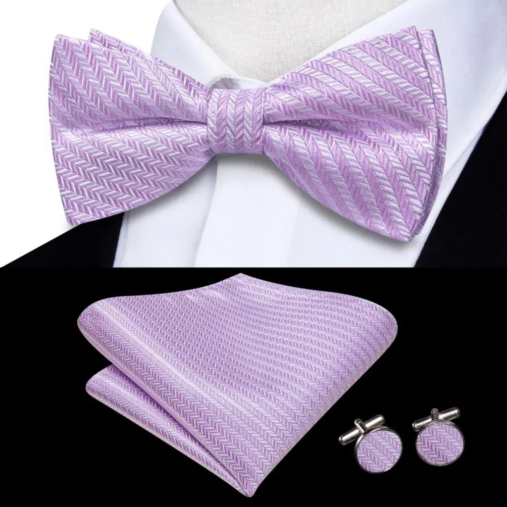 Hi-tie Striped Black Red Mens Bow Tie Hankerchief Cufflink Pre-tied