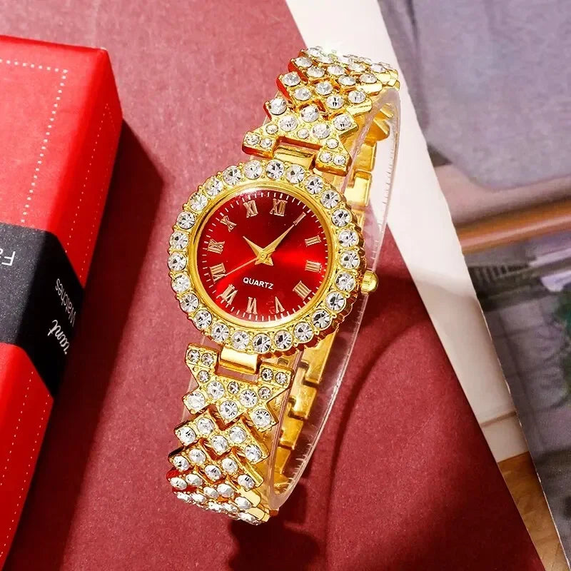 Gold luxury watches, women's rings, necklaces, earrings, rhinestones, fashionable watches, casual women's bracelets, watches, je Qme