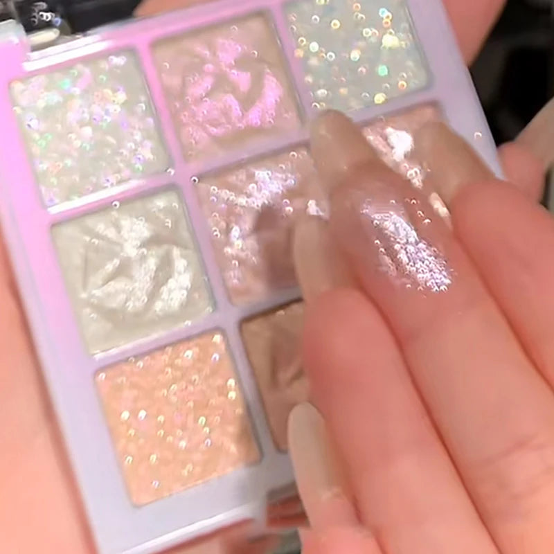 Snowflake Diamond Eyeshadow Palette 9-Color Polarization Glitter Flash Rose Pink Highlighter Brighten Shiny Eyes Makeup Tools Qme