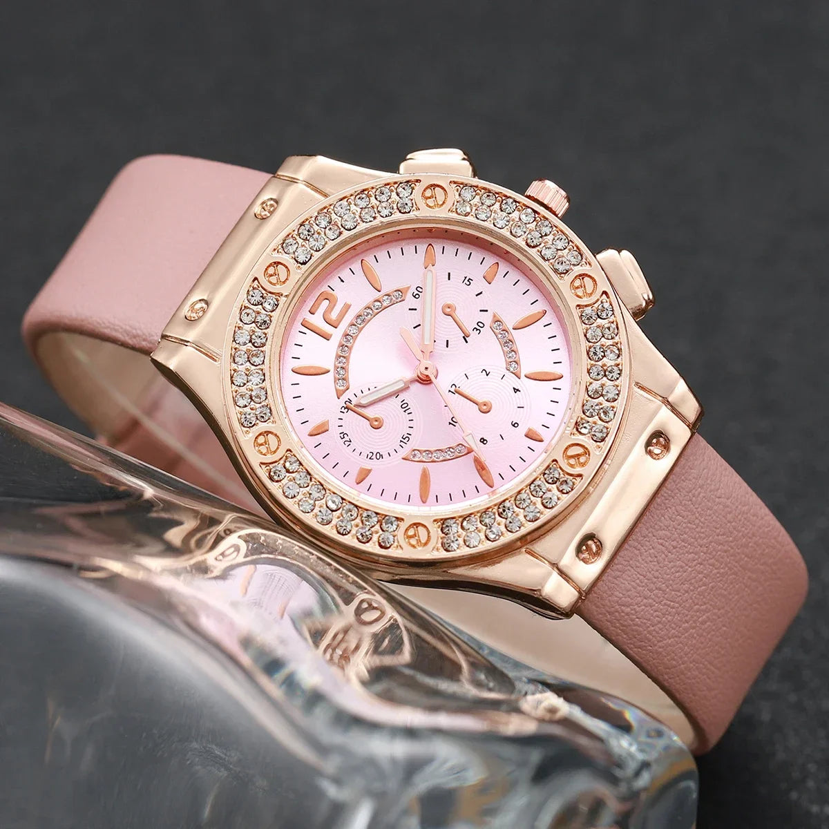 6PCS/Set Fashion Rhinestone Women's Watch Leather Band Analog Quartz Watches Heart Jewelry Set（Without Box） Qme