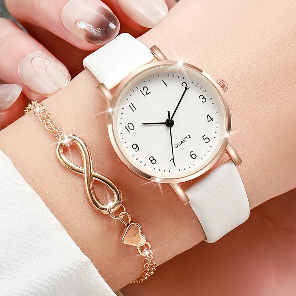 2Pcs Infinity Heart Watch Bracelet Set Women White Leather Round Dial Quartz Wristwatch Rose Gold Charm Bracelet Jewelry Gift Qme