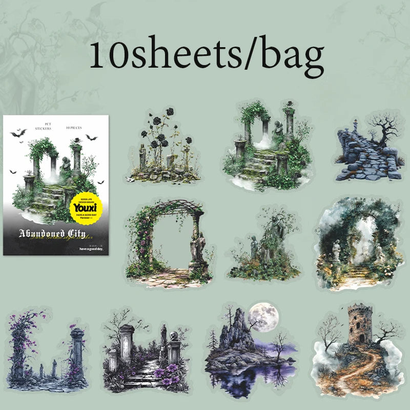 10 Sheets/Bag Gothic Abandoned City Scenery Stickers for Scrapbooking Planner Notebook DIY Phone Case Decoration Office Gift Qme 5