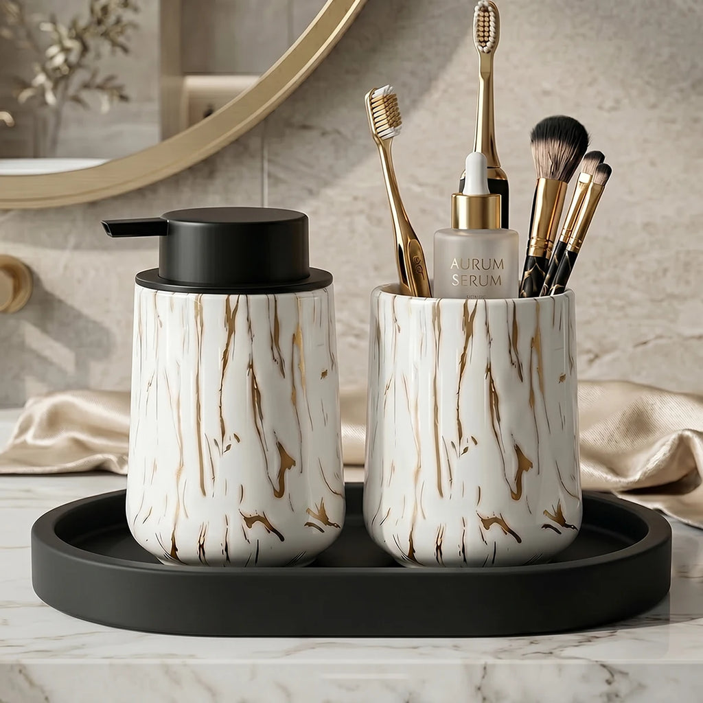 3pcs/set Marble Bathroom Set with Silicone Tray Foaming Hand Dispenser Toothbrush Holder Set Vanity Organizer for Bathroom Kitch Qme