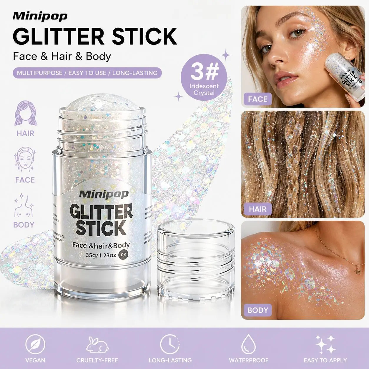 Aurora White Glitter Sequins Stick Face Hair Body Glitter Gel Waterproof Long Lasting Green Purple Shimmer Makeup Party Cosmetic Qme 03 35g