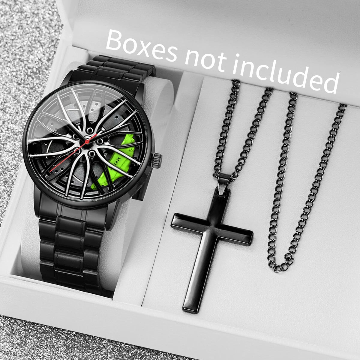 2 Pcs Fashion Men's Watches 3d Car Wheel Casual Sports Watch Stainless Steel Band Men's Wrist Watches Necklace Set (Without Box) Qme green