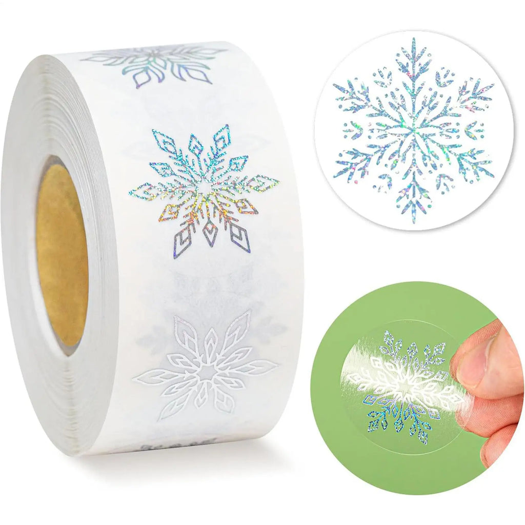 Snowflake Stickers Roll 500 Pieces Round Self-Adhesive Transparent Christmas Labels Holiday Crafts Label Roll Envelope Decal Qme