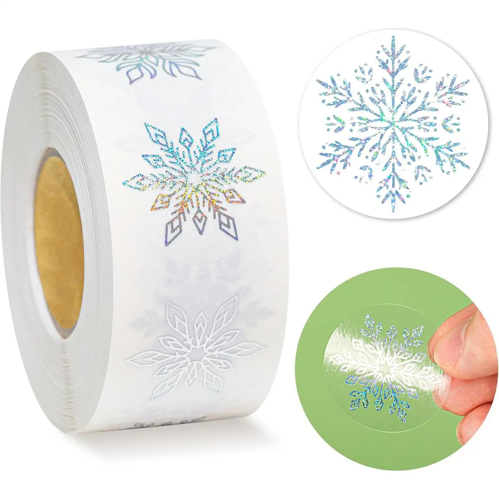 Snowflake Stickers Roll 500 Pieces Round Self-Adhesive Transparent Christmas Labels Holiday Crafts Label Roll Envelope Decal Qme