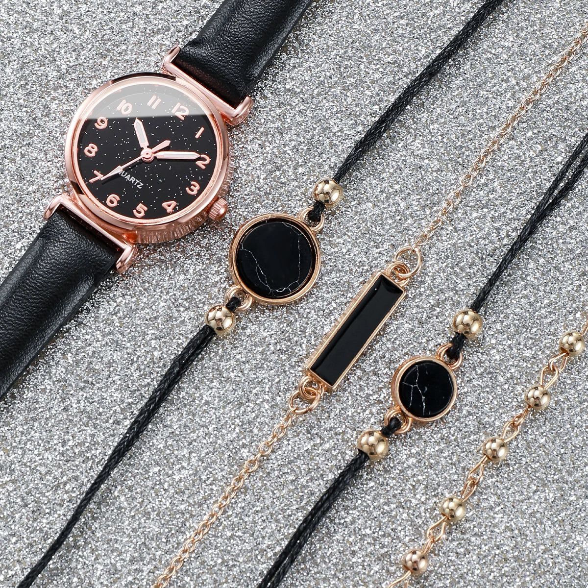 Relógio de quartzo feminino com mostrador céu estrelado, conjunto de pulseiras turquesa, pulseiras fashion, 5 peças Qme