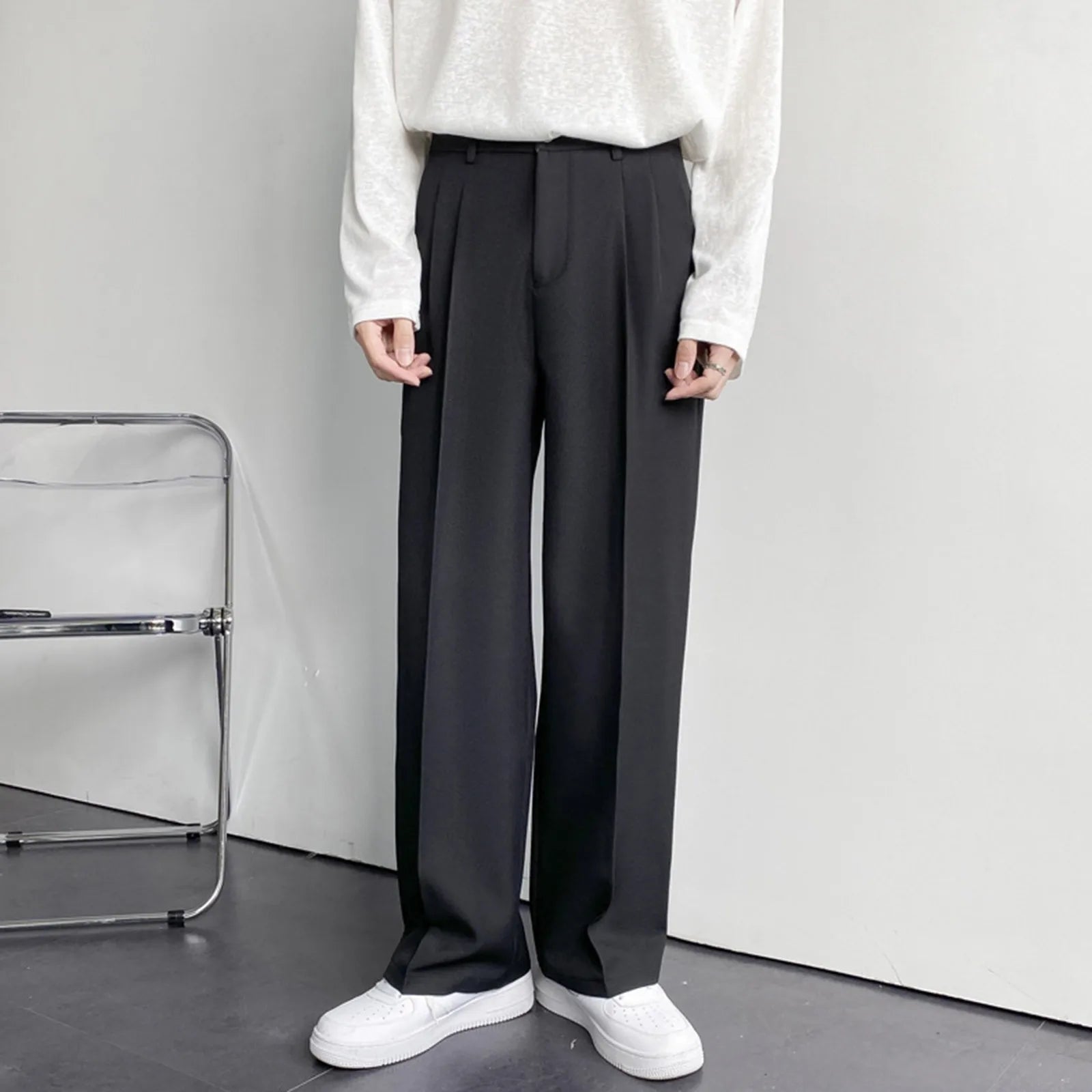 Men's Business Casual Fashion Loose Solid Color Drape Straight Trousers Classic Commuting Simple And Versatile Pocket Long Pants Qme Black 38