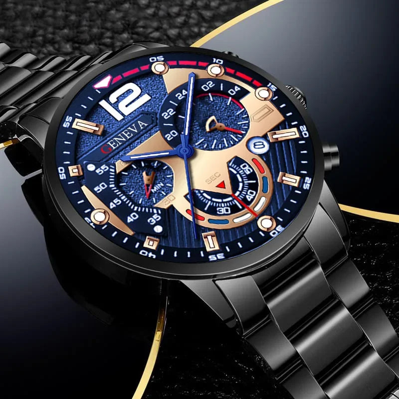 GENEVA Men's Creative Six-Pin Watch Alloy Steel Band Quartz Watch Men Watch New Luxury Men's Quartz WristWatch Qme