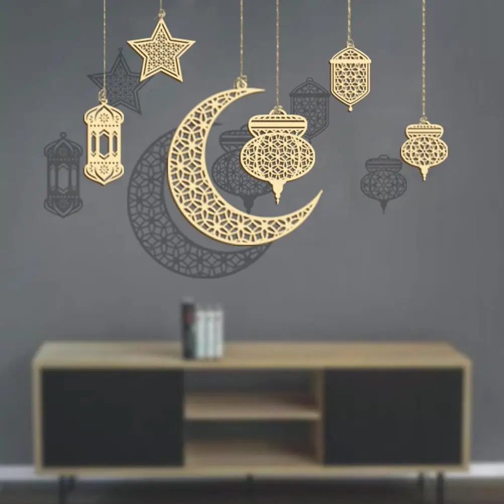 Wooden Moon Star Ramadan Ornaments Eid Mubarak Hanging Pendants DIY Islamic Muslim Festival Party Home Wall Decor Supplies Qme 6PCS