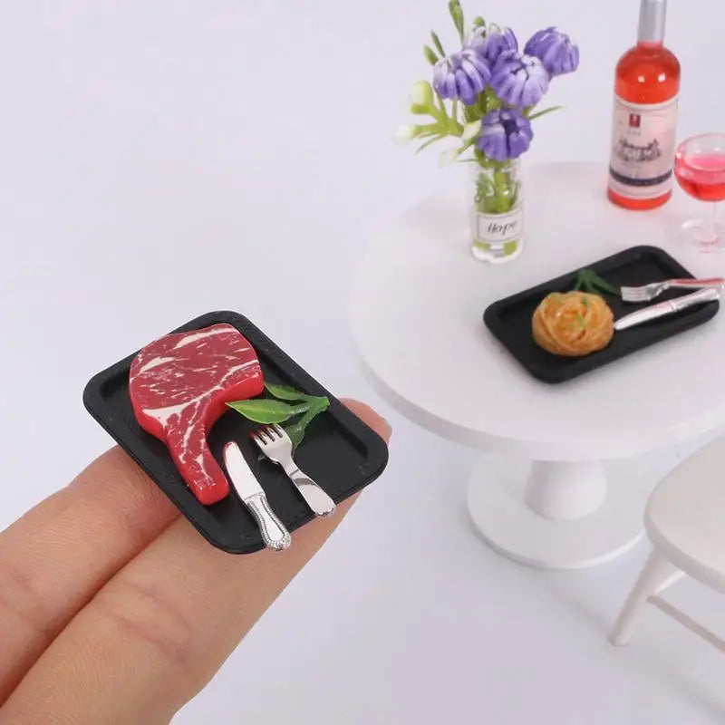 Simulated Steak Pasta Plate Knife Fork Model Dollhouse Kitchen Food Qme