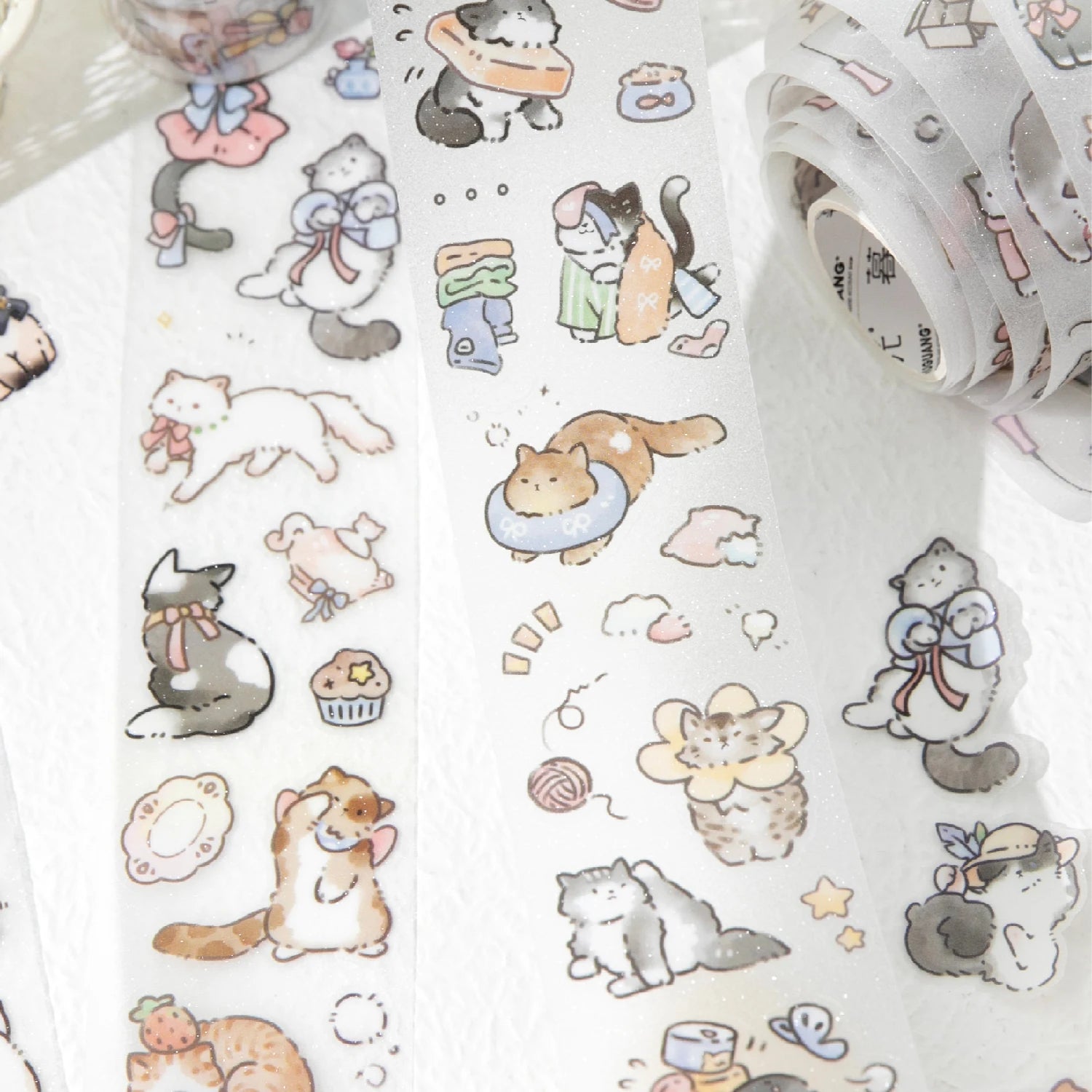 1 Roll Kawaii Cute Line Drawing Cat Theme Glitter PET Tape for Scrapbooking DIY Background Decor Collage Phone Case Notebook Qme