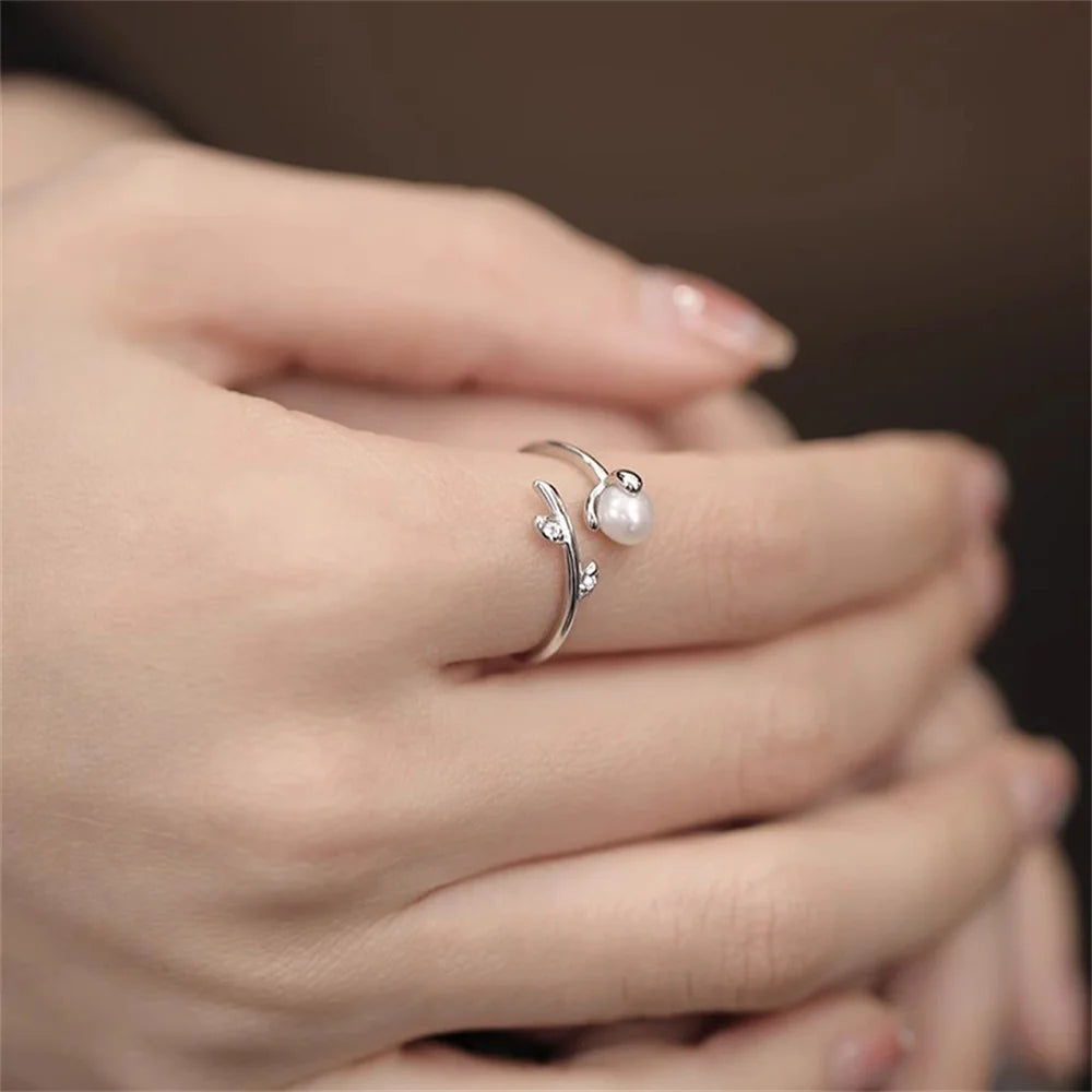 Imitation Pearl Sprouting Open Ring for Women Simple Daily Casual Jewelry Gift Suitable for Giving To Girlfriends Qme SILVER resizable