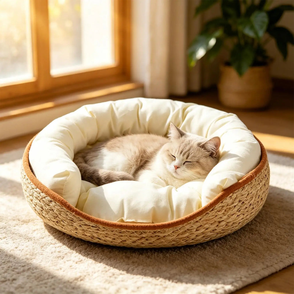Cat Basket Bed Aesthetic Woven Cotton Rope Pad Nest Sofa Living Room Qme