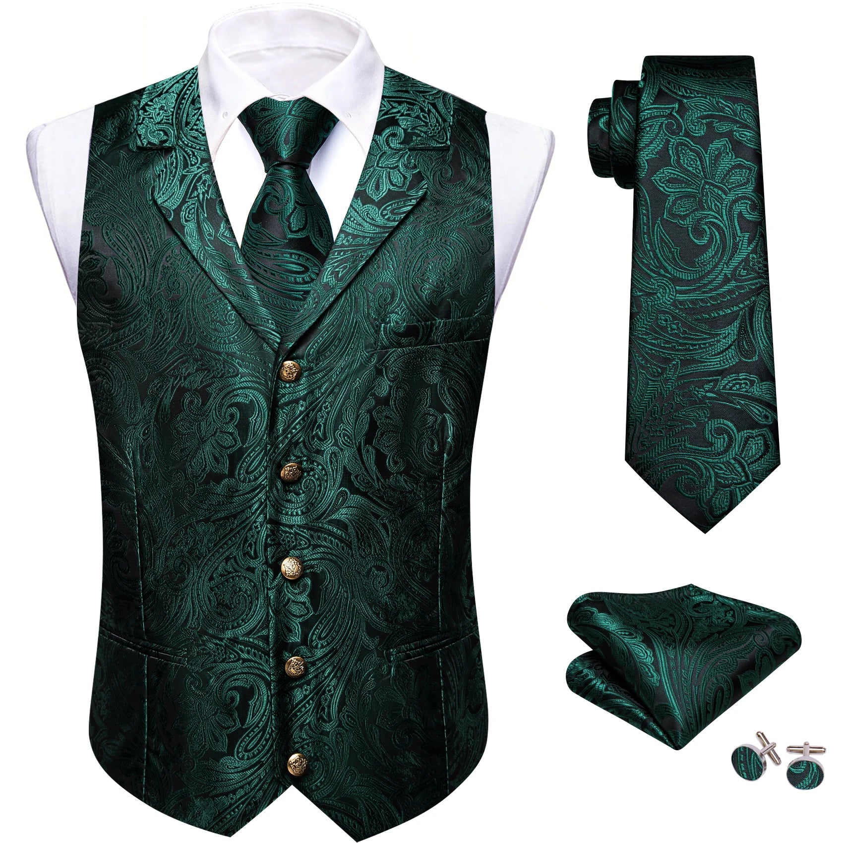 Men's Jacquard Waistcoat Half Notch Lapel Vest Necktie Pocket Square Cufflinks Set Formal Wedding Party Prom Business Suit Vests Qme BW-MJTZ2025 S