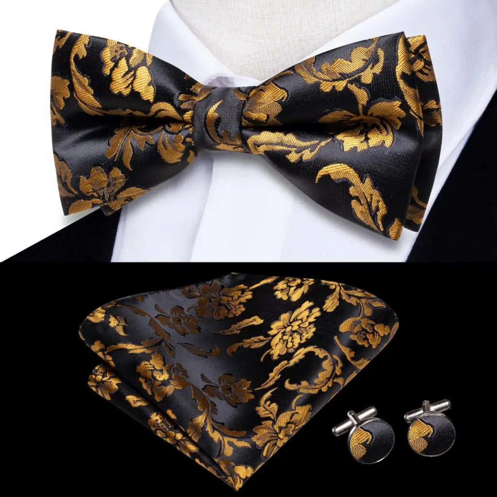 Beige Champagne Gold Mens Bow Tie Hanky Cufflinks Set Jacquard Floral Pre Tied Butterfly Bowtie for Male Wedding silk Business Qme LDLH0577