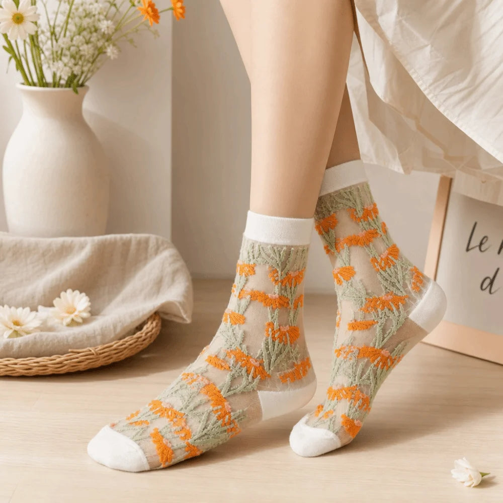 Cute Ultra-Thin Floral Embroidery Socks Crystal Silk Tulle Fabric Mesh Lace Socks Transparent Nylon Long Socks Summer Qme