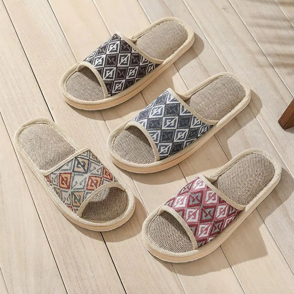 Four Season Couple's Multicolor Linen Slippers Women Indoor Striped Non-Slip Sandals Men Comfort Indoor Floor Breathable Slides Qme