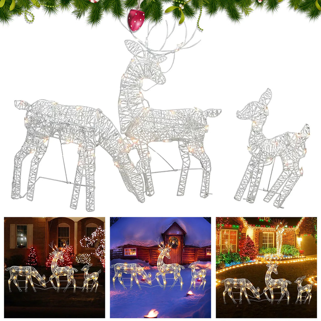 3PCS Christmas Reindeer Family Lighted Deer Christmas Decoration LED Lights Glowing Reindeer Xmas Home Outdoor Garden Ornament Qme White