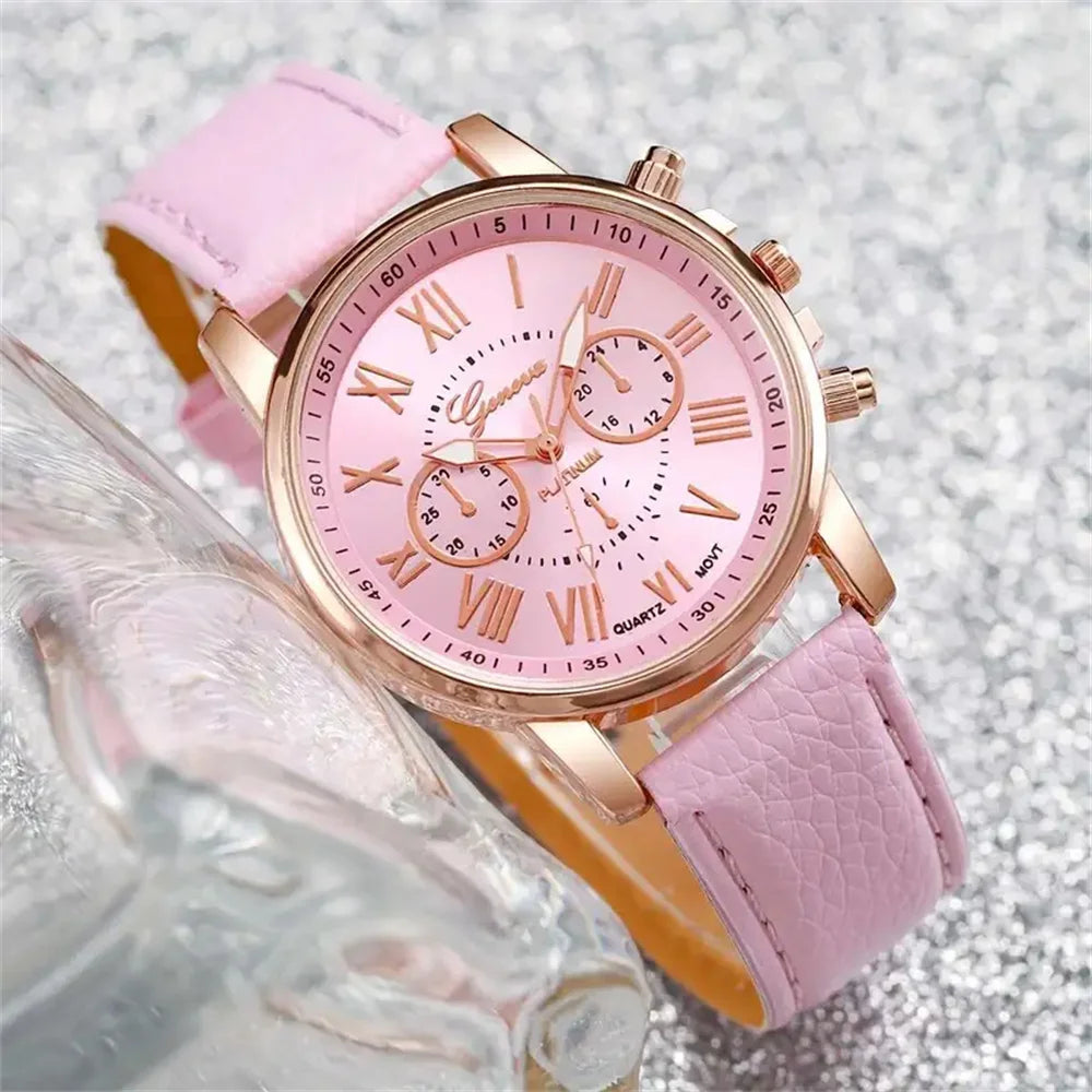 5Pcs Women Pink Suede Strap Watch Set, Floral Bezel Snowflake Dial Quartz Watch + Leaf Heart Pink Crystal Stack Bracelets Qme