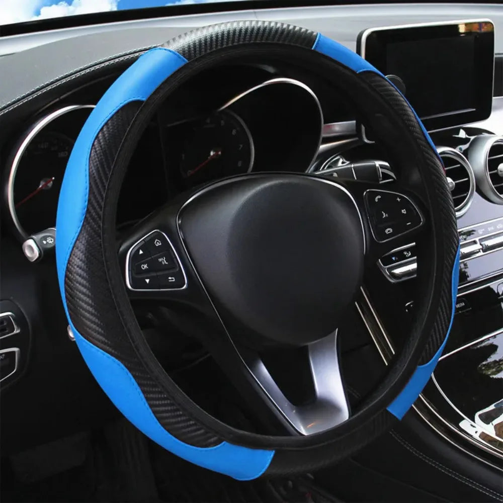 Universal 38cm Car Steering Wheel Cover Carbon Fiber Leather Anti-slip Breathable Auto Steering Protector For Most Sedan SUV Tru Qme Blue 1pc
