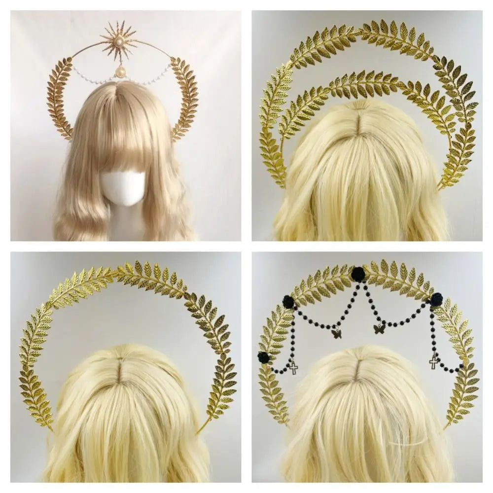 Fashion Gold Plated Halo Crown Wheat Ear Leaf Baroque Tiara Headband Qme
