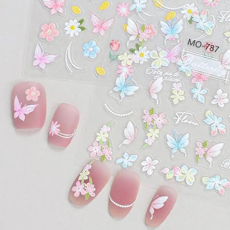 Dopamine Spring Flowers Butterfly Small Tulip Relief 3D Nail Stickers Qme