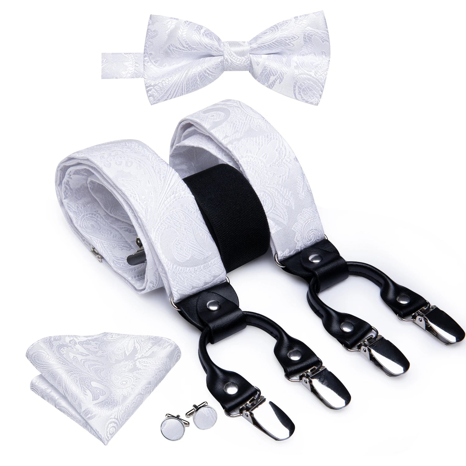 Hi-tie Jacquard Woven Silk Gold Mens Suspender Braces Bow Tie Hanky