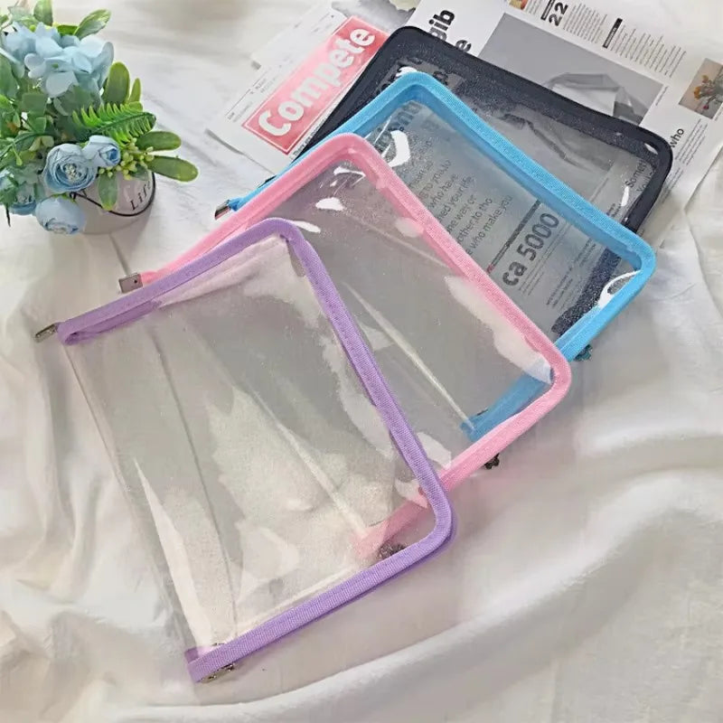 A5 Transparent Glitter PVC File Bag Student Stationery Storage Ins Color Wrapped Zipper Bag Simple Plastic Material Storage Bag Qme