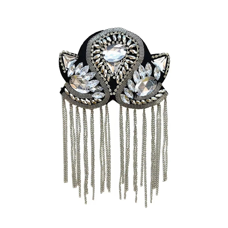 Epaulette Brooch Pin Bead Long Tassel Chain Electroplating Decor DIY Men Women Bling Epaulette Clothing Shoulder Jewelry Qme Silver