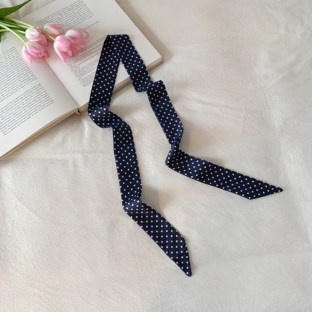 Retro Bow Ties Long Silk Scarf Ice Cream Printed Plaid Hair Band Qme Dark Blue