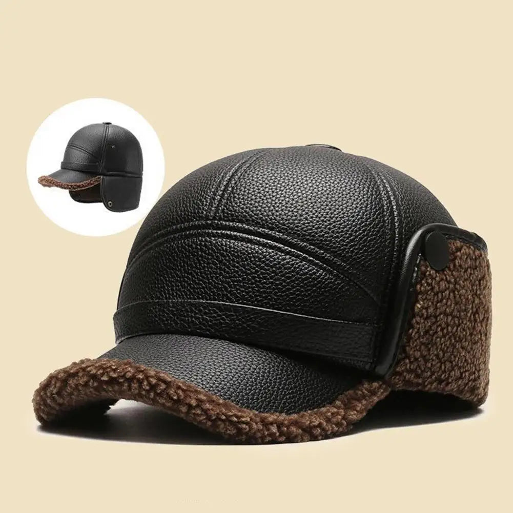 NEW Pu Leather Baseball Cap Men Winter Warm Hat Dad Grandpa Thermal Hat Thick Warm Leather Hat Old Man Ear Protection Cap Qme