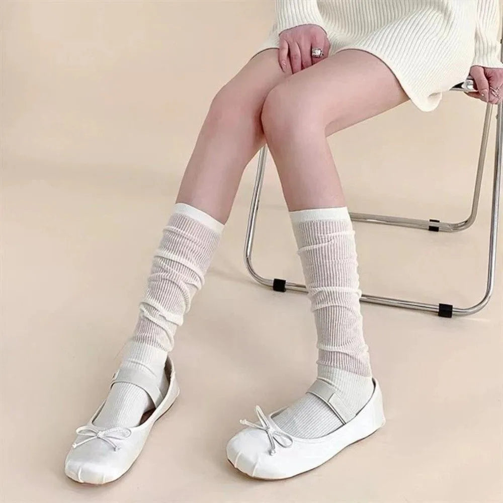 Soft Solid Color Long Stockings Mesh Thin Mid Stockings Summer Breathable Pile Up Stockings Autumn Winter Qme