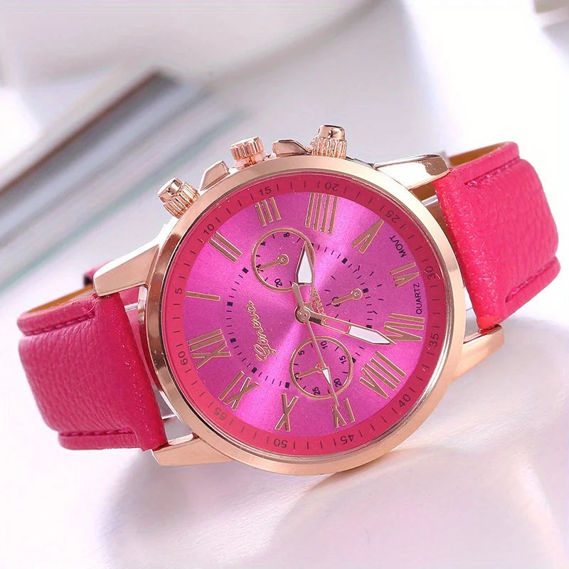 Elegant Women's Quartz Watch with Roman Numerals and Pointer Qme Rose Red