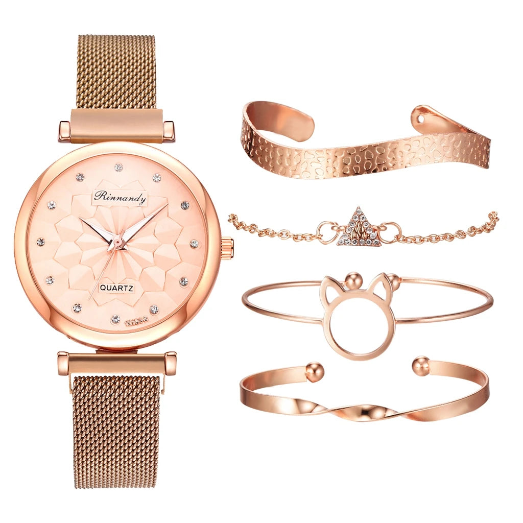 5PCS Bracelet Watches Set Fashion Women Rose Gold Mesh Belt Wristwatches Quartz Watch for Women Business Clock Relogio Feminino Qme H1-RG-RG