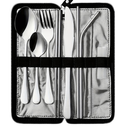 Portable Utensils Travel Camping Cutlery Stainless Steel Tableware Qme Silver