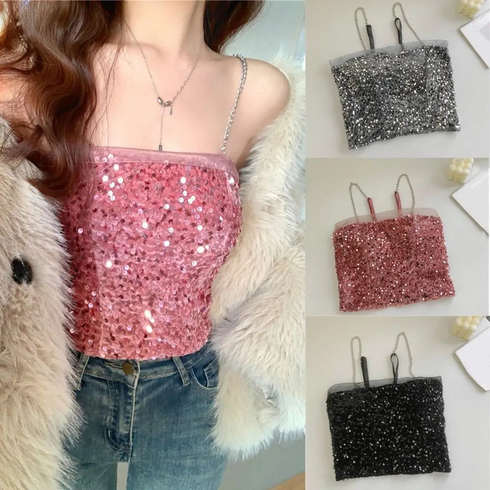 Fashion Crop Top Shiny Sequin Vest Slim Sweet Bottoming Shirt Party Bling Sleeveless Camisole Girl Qme