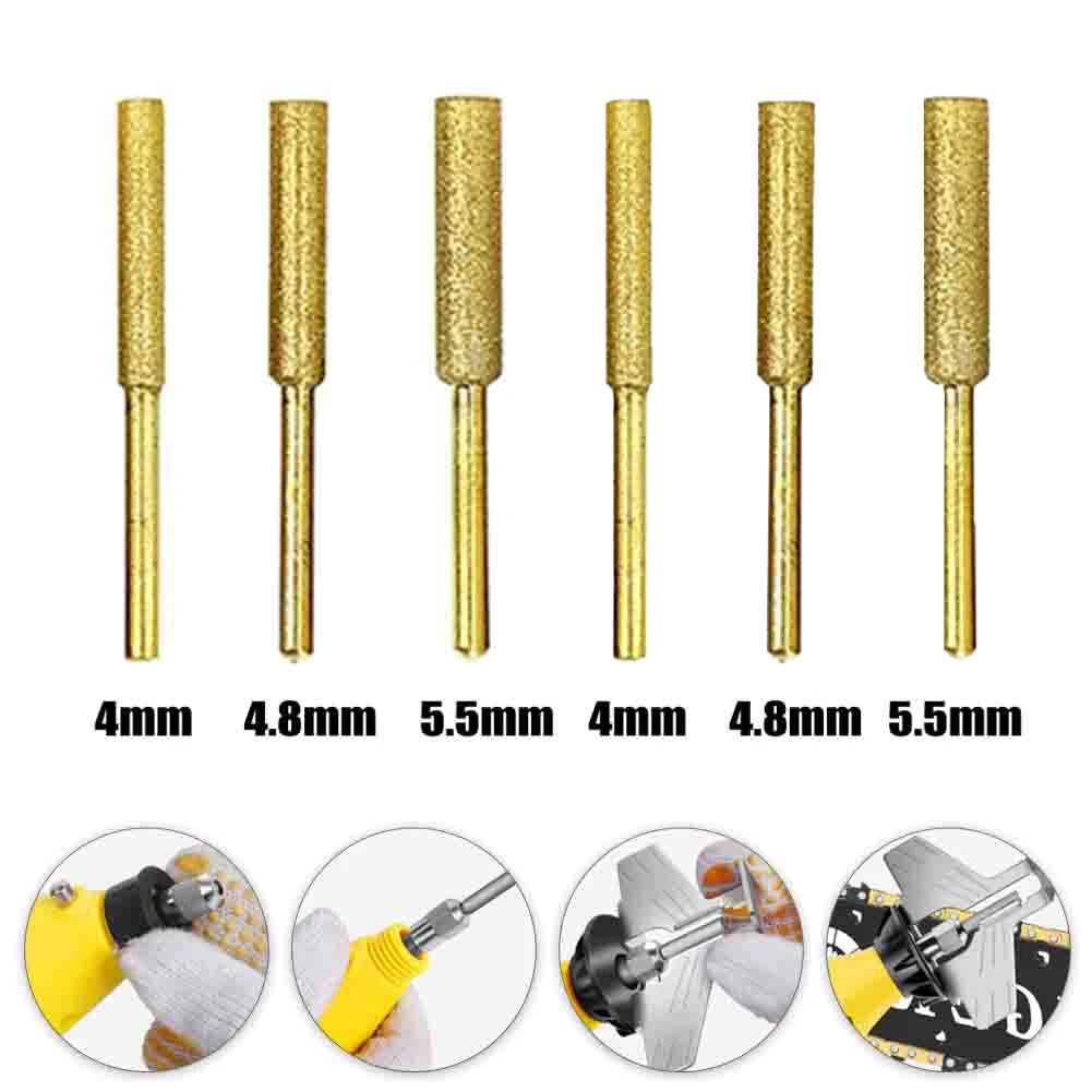 6pcs Set 4.0mm, 4.8mm, 5.5mm Coated Cylindrical Burr Chainsaw Ener Grinder Chain Saw Grinding Whetstone Chainsaw Sharpener Stone Qme