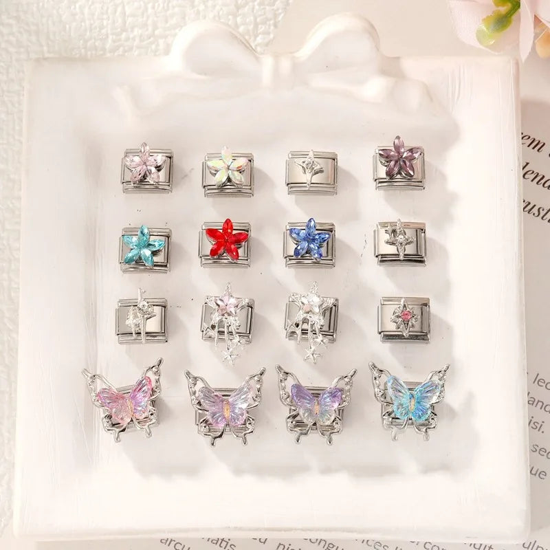 Fashion Zircon Red Blue Pink Flowers Butterfly Stars Tassel Italian Charm Links Fit 9mm Bracelet Stainless Steel DIY Making Gift Qme