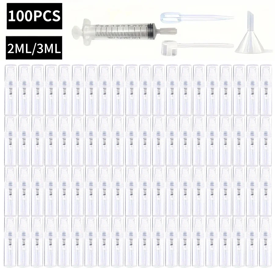 100 Spray Bottles 2ML/3ML- Odorless, BPA-free clear refillable travel atomizer, portable mini-sprayer for perfume and cosmetics Qme