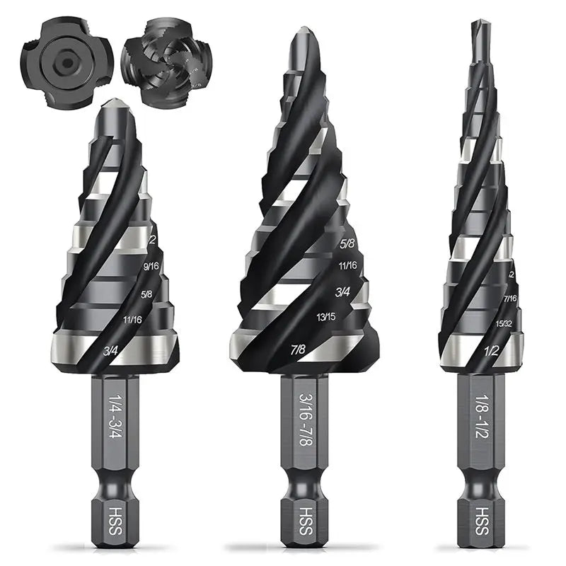 A02F-Step Drill Bit Set- Four Spiral Flute 3 Pcs HSS Bits(1/8" To 7/8") Unibit Design, 1/4" Shank Qme