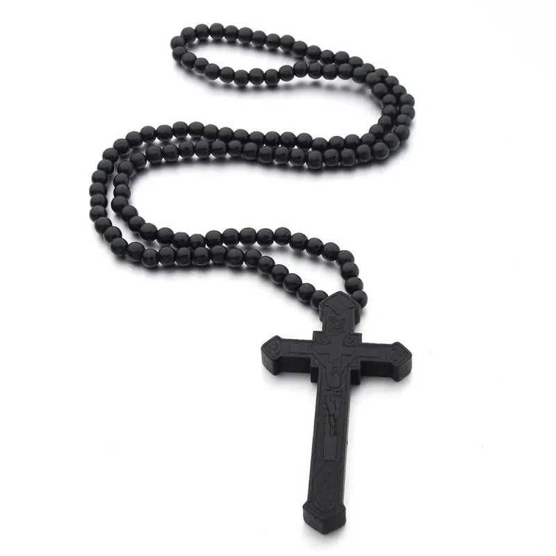 Wooden Rosary Pendant Cosplay Religious Antique Cool Cross Necklace Beads Catholic God Bless Jewelry Trend Fashion Festival Gift Qme