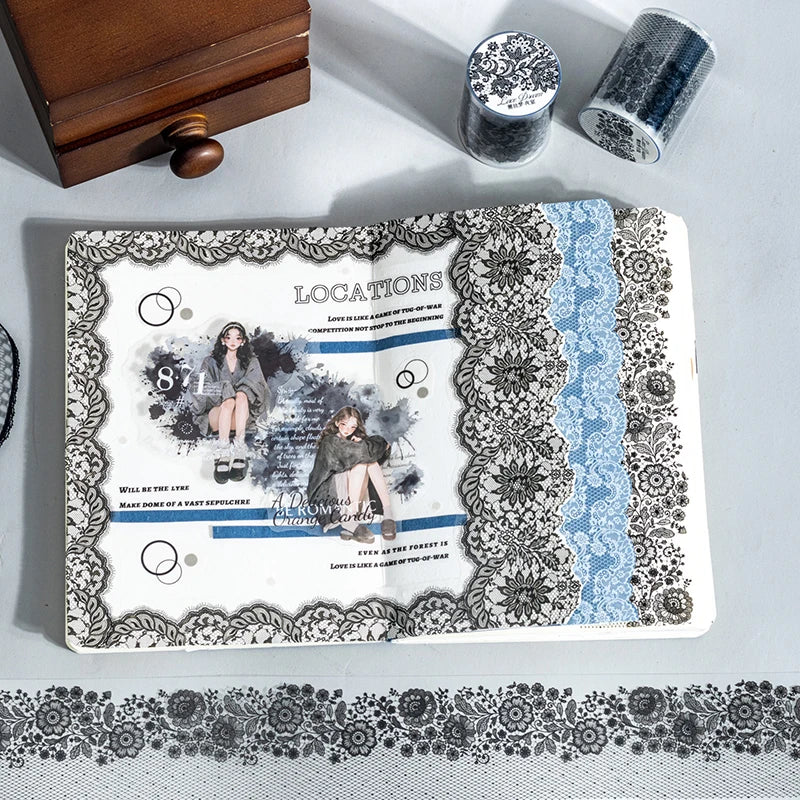 55mm*2m Black White Lace PET Tapes DIY Scrapbooking Junk Journal Aesthetics Decor Diary Collage Masking Tape Stationery Supplies Qme