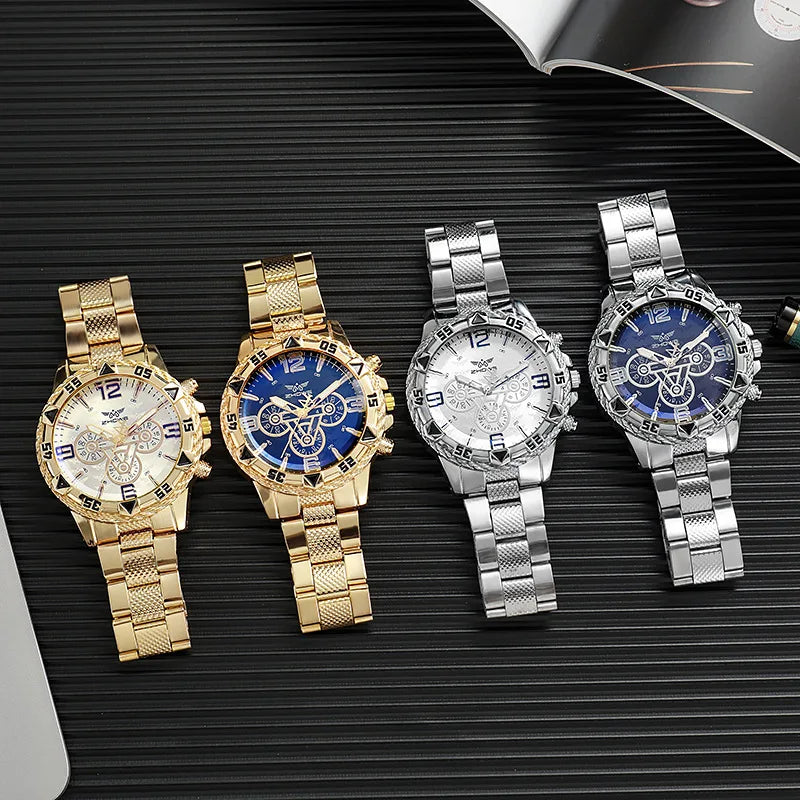 Men's Watch Blue Light Glass Quartz Watch Fashion Classic Watch Fake Three Eye Digital Alloy Watch Qme