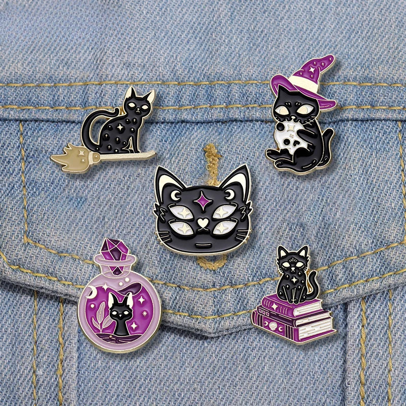 Witch Enamel Pin Punk Black White Cat Brooch Magic Hat Badge Book Wings Lapel Animal Goth Purple Crystal Jewelry Gift Wholesale Qme